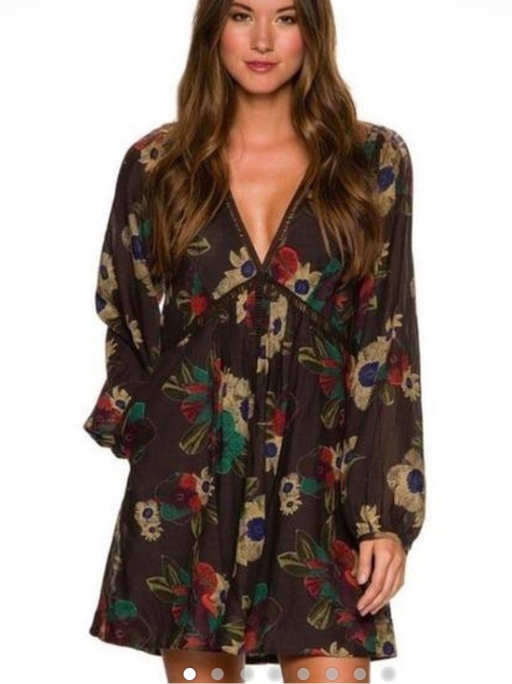 FREE PEOPLE boho bell sleeve autumn floral lightweight deep V mini dress XS